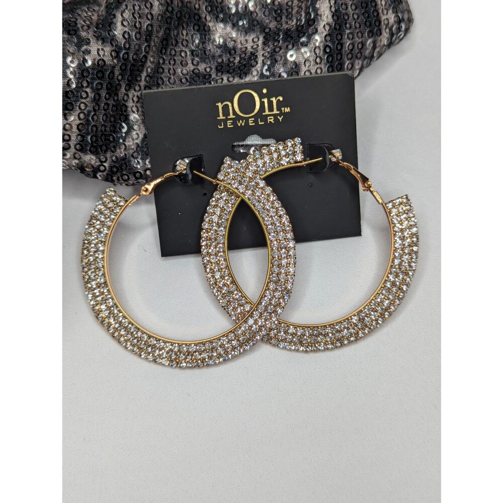 nOir Round Gold Rhinestone Hoop Earrings Sparkling Statement Hoops - Picture 5 of 5
